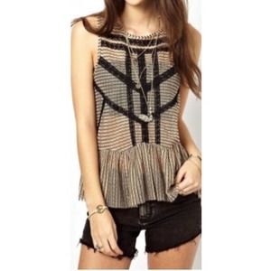 Free People Striped Sleeveless Open Back Lace Trim Peplum Top ~ XS / Extra Small
